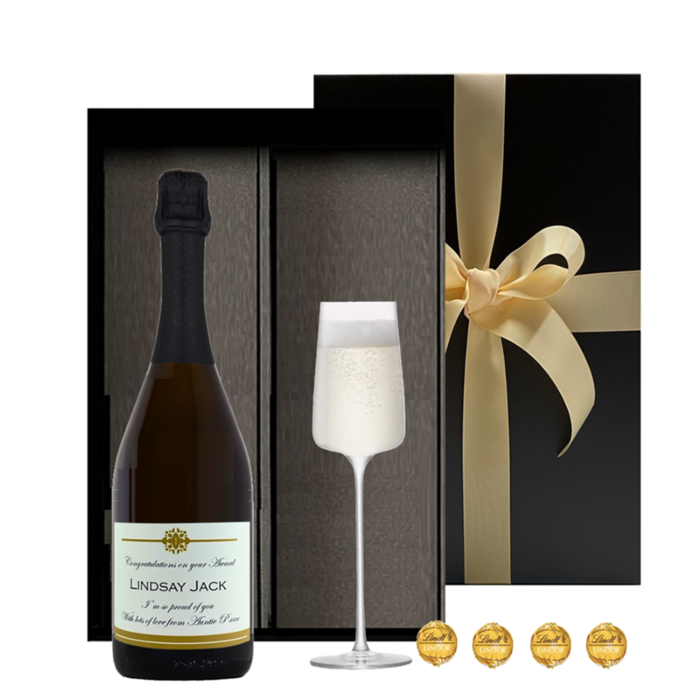 Personalised Proseccco & Crystal Flute - With Luxury Swiss Truffles in Stylish Black Box