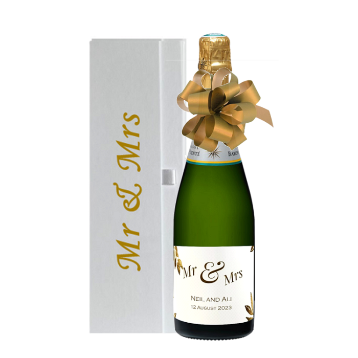 "Mr & Mrs" Personalised Champagne Wedding Gift - In Mr & Mrs Gift Box with Hand Tied Bow