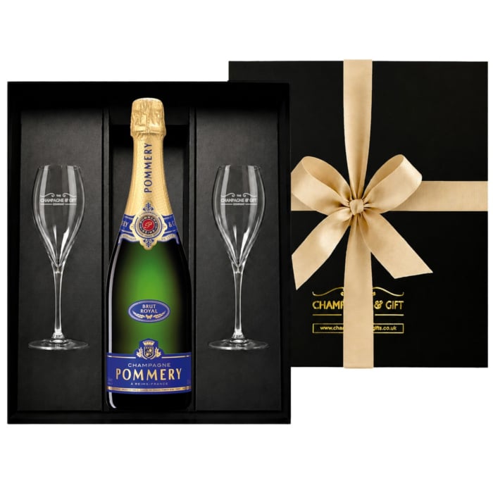 Personalised Pommery Brut Royal Champagne & Flutes Gift Box