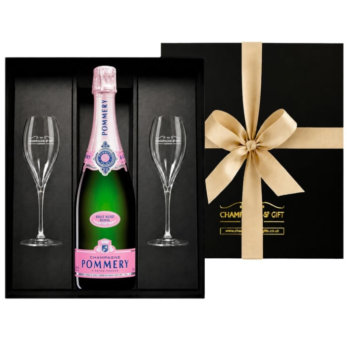 Personalised Pommery Brut Rosé Royal Champagne & Flutes Gift Box