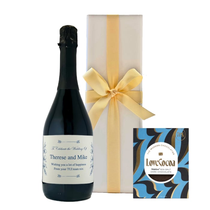 Personalised Prosecco in White Box - With Maldon Sea Salt Dark Chocolate
