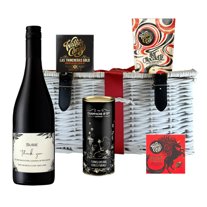  Personalised Red Wine Hamper - with Artisan Chocolates & Gourmet Treats - in white wicker basket