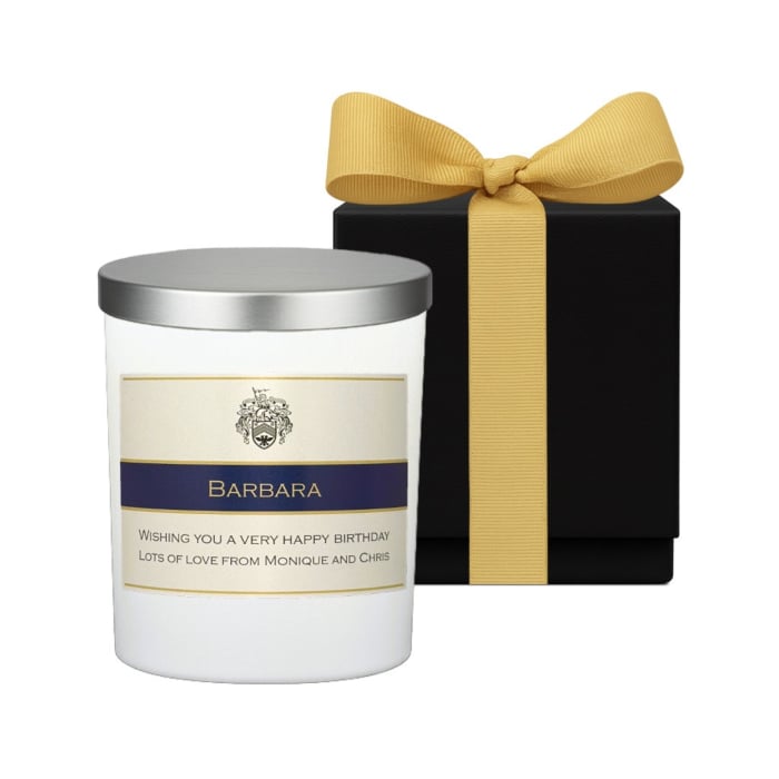 "Smooth Velvet Night"- Personalised White Candle Silver Lid Edition in Black Gift Box - Fragrance: Black Peony & Oud