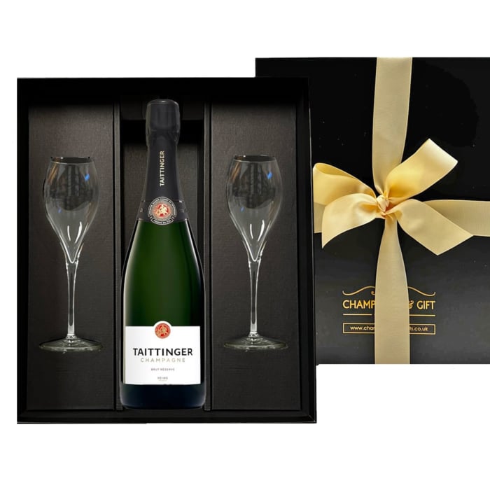 Personalised TAITTINGER Brut Reserve Champagne & Flutes Gift Box - Unbranded Plain Glass Flutes
