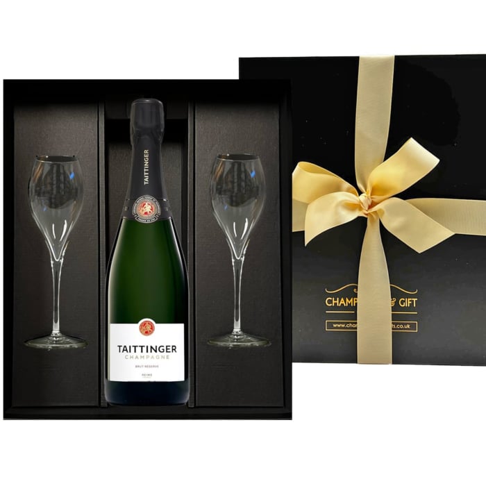 Taittinger Brut Reserve Champagne & Flutes Gift Box - with Engraved Champagne Flutes