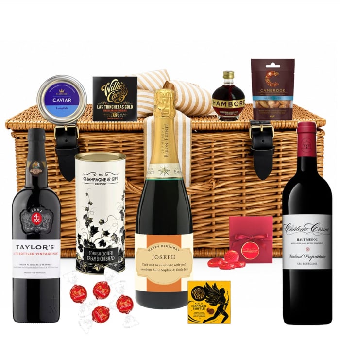 The Tipples & Tasters Hamper - With Personalised Champagne, Port, Red Wine & Caviar