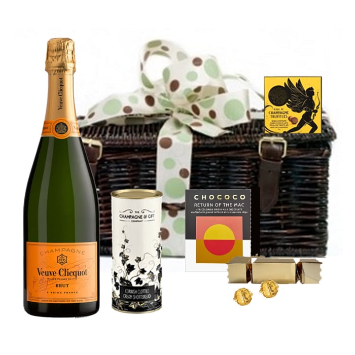 Veuve & Chocolate Hamper - Presented in Wicker Hamper With Large Hand Tied Bow