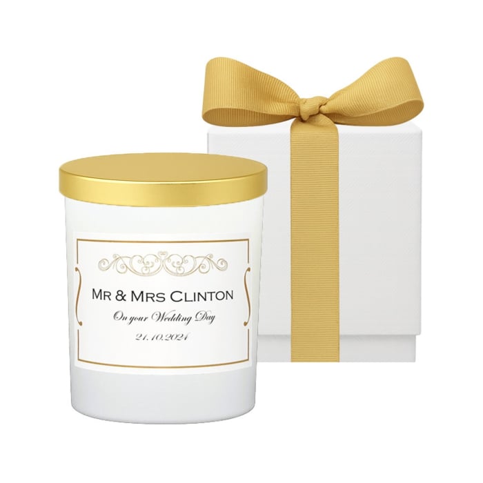 "Garden of  The Morning Calm" - Personalised White Candle Gold Lid Edition in White Gift Box - Fragrance: Ylang Ylang & Lavender