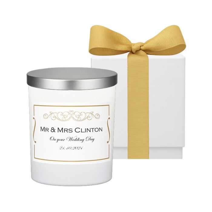 "Garden of the Morning Calm" - Personalised White Candle Silver Lid Edition in White Gift Box -  Fragrance:  Ylang Ylang & Lavender