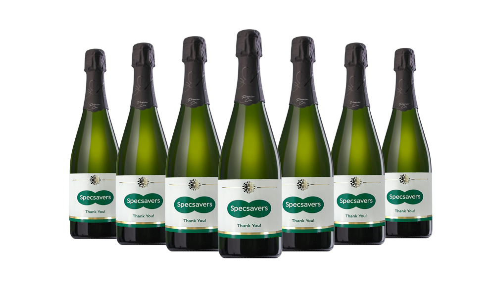 7 bottles of corporate branded champagne with branded labels