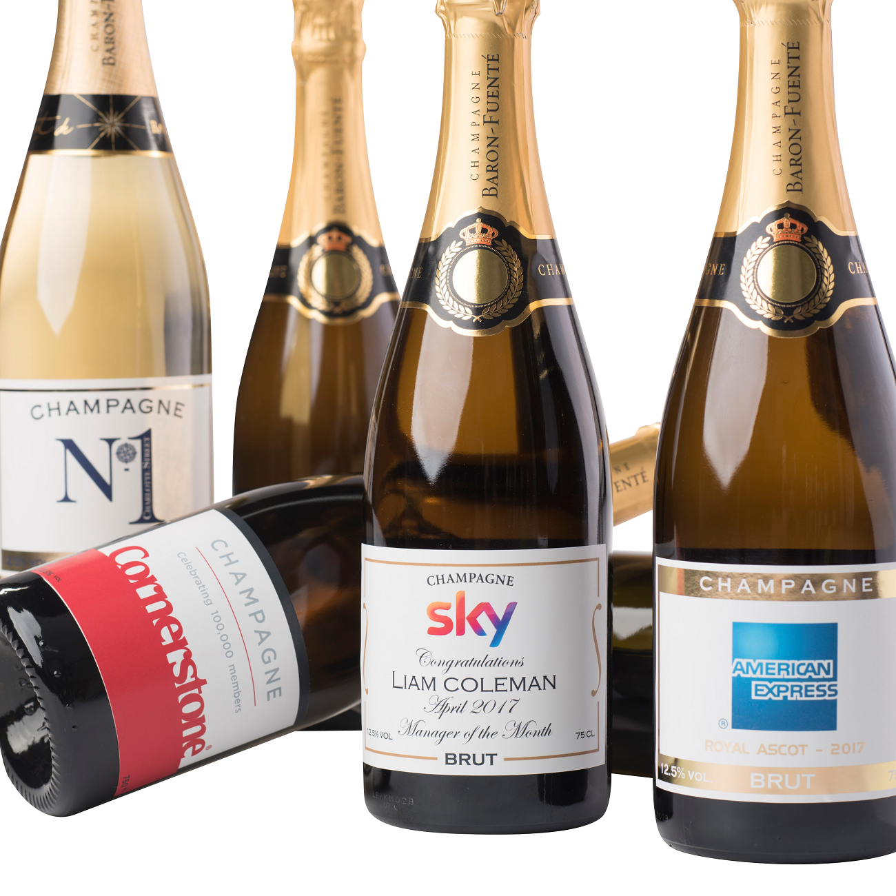 corporate champagne bottles showing different labels