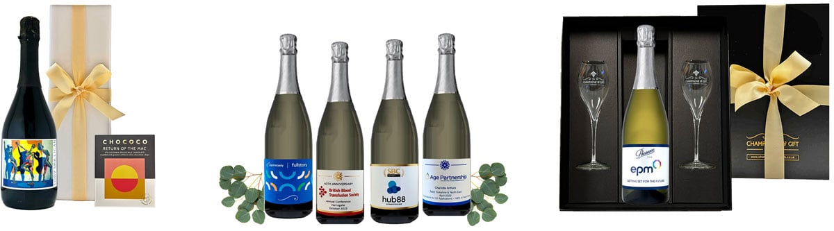 Branded and personalised Prosecco for corporate gifts. Bottles with company logo and personaliised message