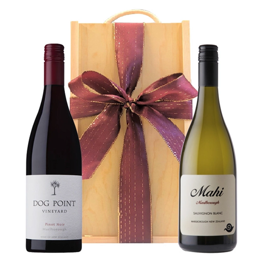 Duo of Prestige New Zealand Wine in Wooden Presentation Box. Dog Point Pinot Noir and Mahi Sauvignon Blanc white wine gift
