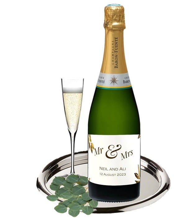 Stylish personalised Wedding Champagne Gift. Personalised Champagne bottle in a Mr and Mrs presentation box 