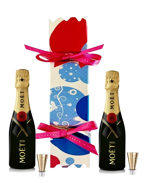 Miniature Moet Champagne. Two bottles in a stunning colourful celebration cracker.